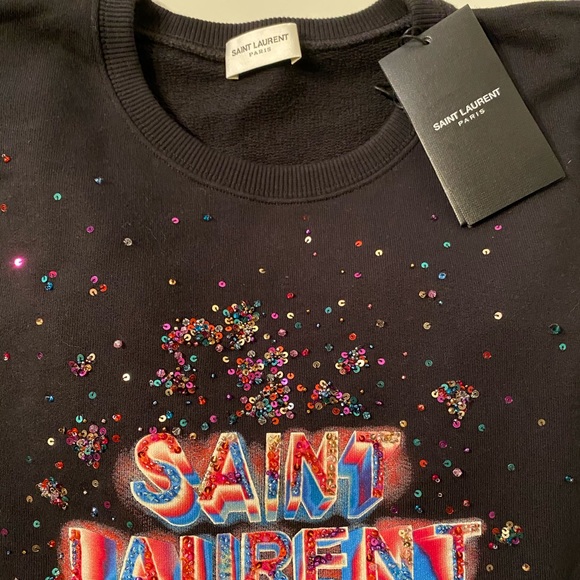 Saint Laurent Neon Logo Sequined Black Sweatshirt - Picture 6 of 6